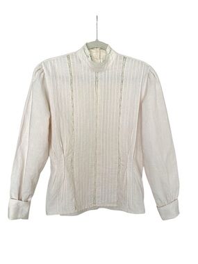 Vintage Cottagecore Pintuck Lace Blouse High Neck Edwardian Romantic Beige M